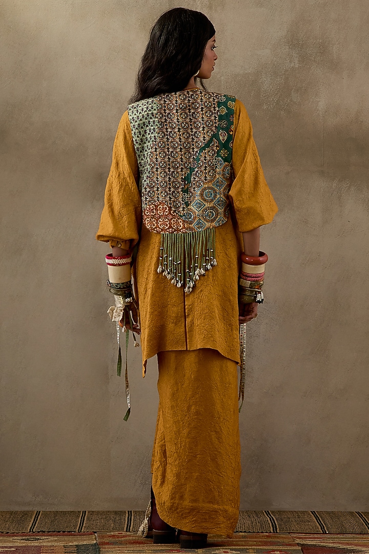 Yellow Crushed Silk Pleated Skirt Set by ASEEM KAPOOR at Pernia's Pop Up Shop
