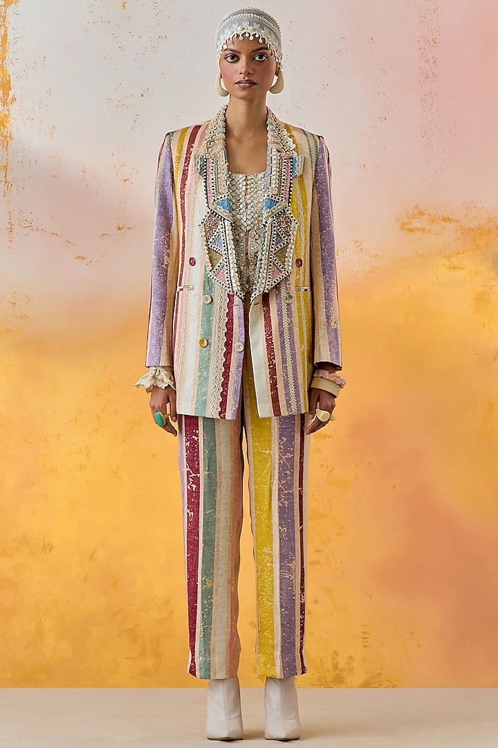 Multi-Colored Slub Satin Printed Jacket Set by ASEEM KAPOOR at Pernia's Pop Up Shop