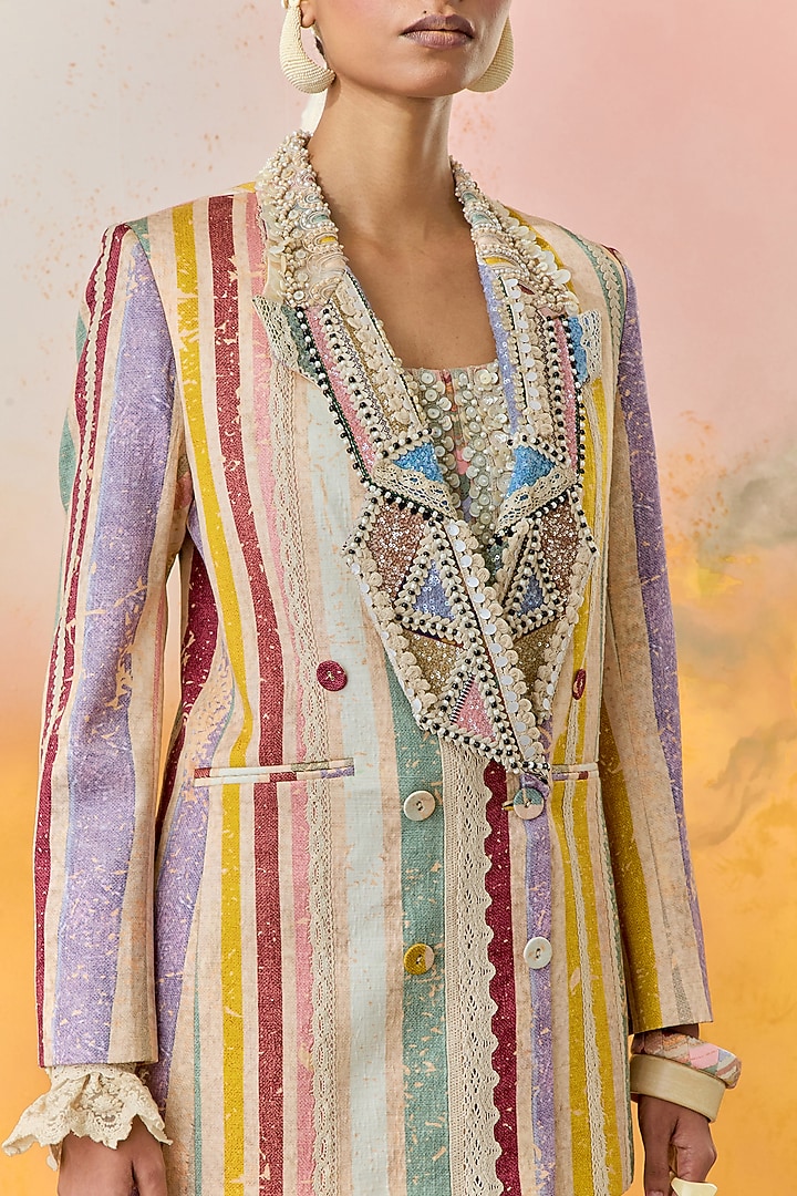 Multi-Colored Slub Satin Printed Jacket Set by ASEEM KAPOOR at Pernia's Pop Up Shop