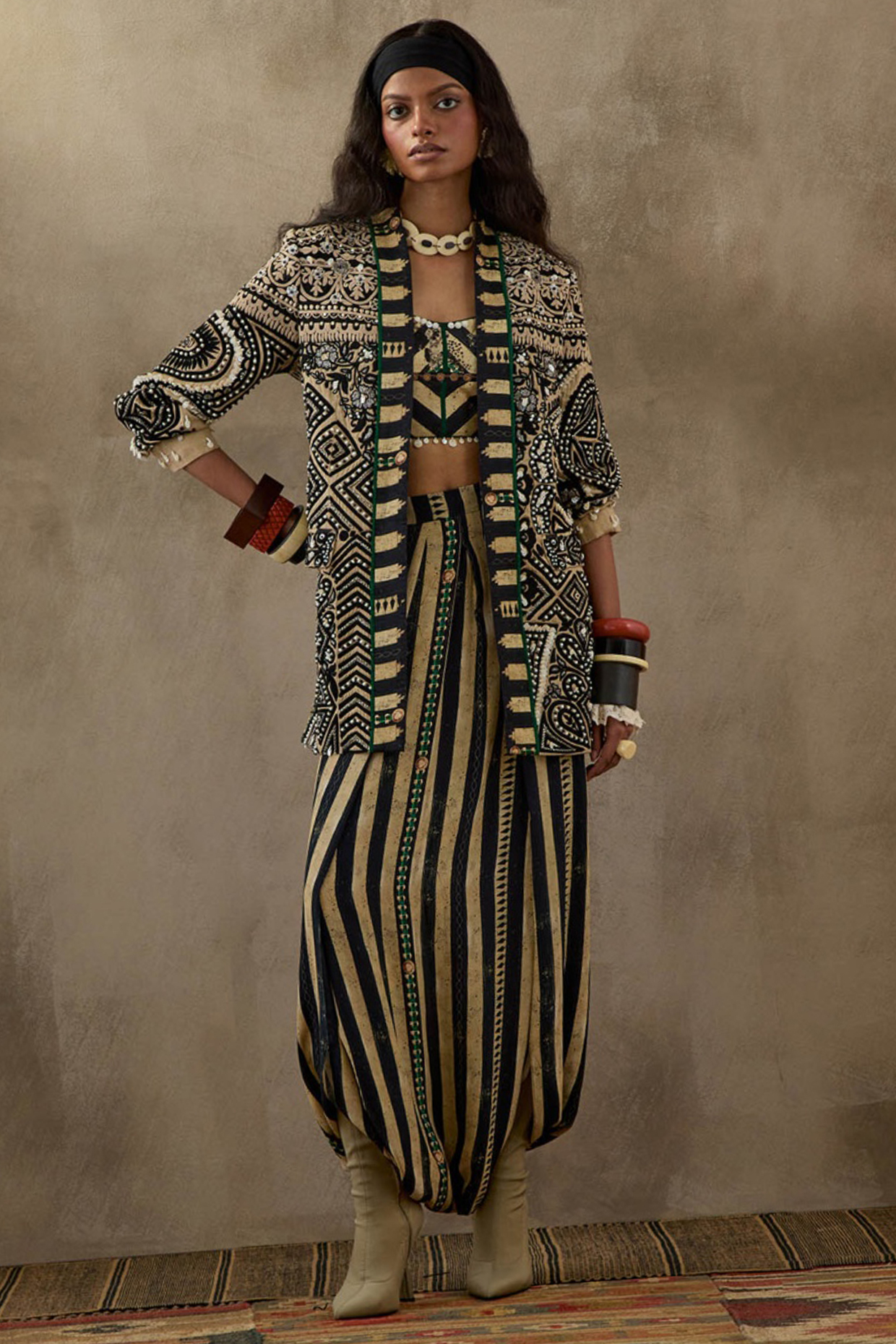 Multi-Colored Slub Satin & Mushroom Twill Jacket Set by ASEEM KAPOOR at Pernia's Pop Up Shop