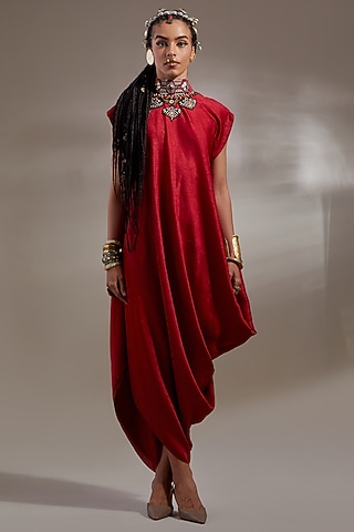 Sindoor-Colored Crushed Silk Embroidered Dress by ASEEM KAPOOR