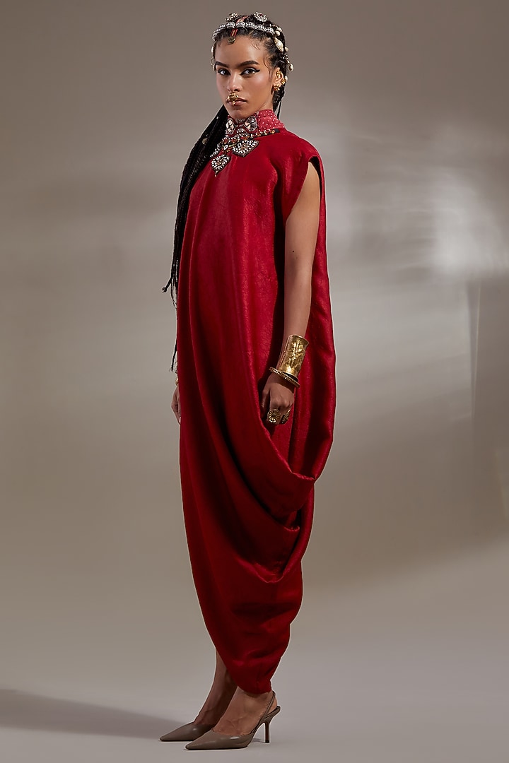 Sindoor-Colored Crushed Silk Embroidered Cocktail Dress by ASEEM KAPOOR at Pernia's Pop Up Shop