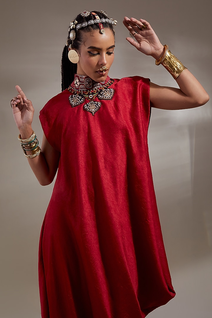 Sindoor-Colored Crushed Silk Embroidered Cocktail Dress by ASEEM KAPOOR at Pernia's Pop Up Shop