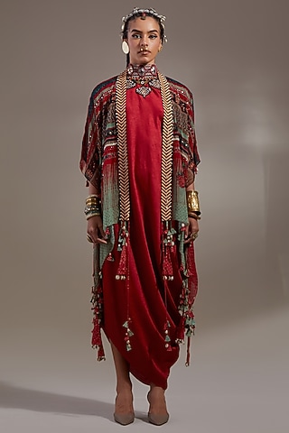 Sindoor-Colored Sheer Silk Embroidered & Printed Jacket Dress by ASEEM KAPOOR