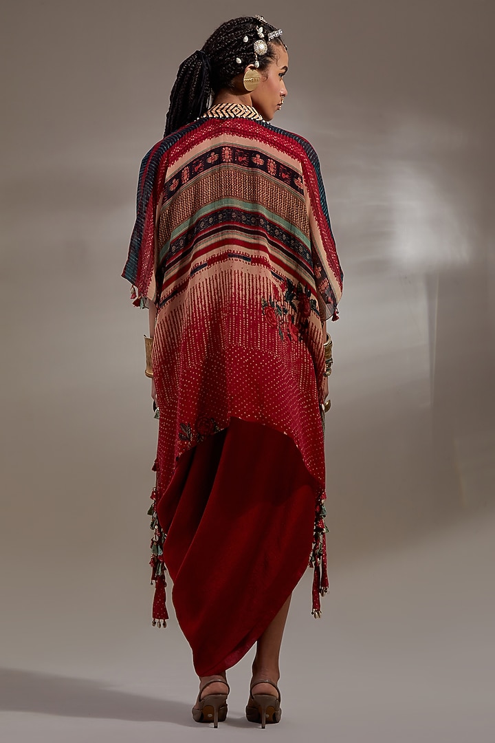 Sindoor-Colored Sheer Silk Embroidered & Printed Jacket Party Wear Dress by ASEEM KAPOOR at Pernia's Pop Up Shop