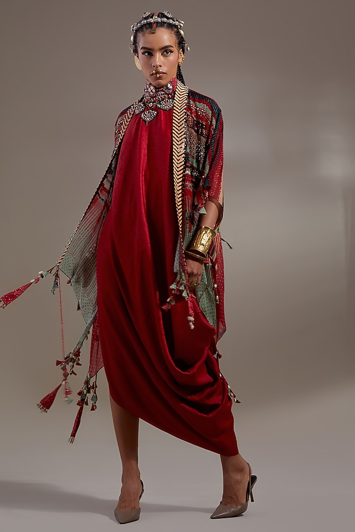 Sindoor-Colored Sheer Silk Embroidered & Printed Jacket Party Wear Dress by ASEEM KAPOOR at Pernia's Pop Up Shop