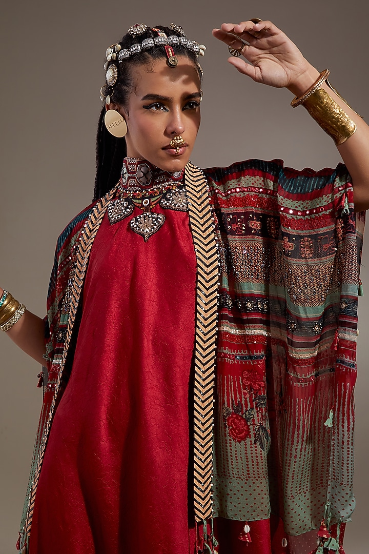 Sindoor-Colored Sheer Silk Embroidered & Printed Jacket Party Wear Dress by ASEEM KAPOOR at Pernia's Pop Up Shop