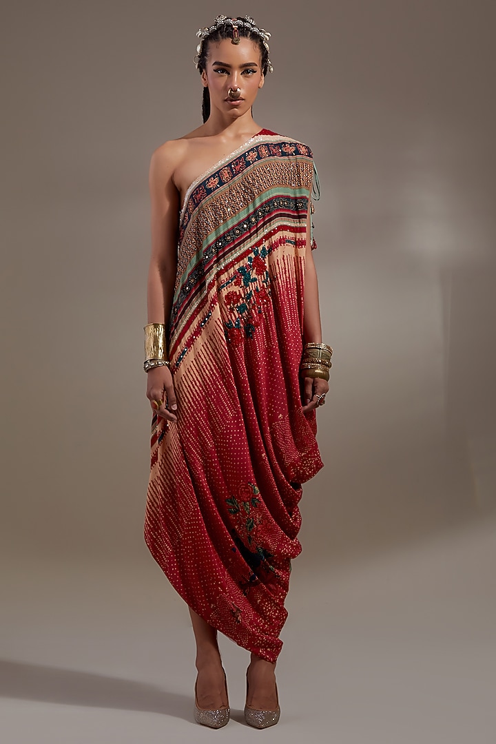 Sindoor-Colored Natural Crepe Printed & Embroidered One-Shoulder Draped Vacation Dress by ASEEM KAPOOR at Pernia's Pop Up Shop