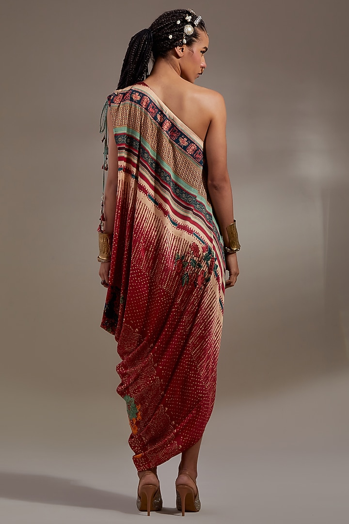 Sindoor-Colored Natural Crepe Printed & Embroidered One-Shoulder Draped Vacation Dress by ASEEM KAPOOR at Pernia's Pop Up Shop