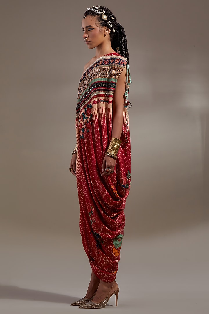 Sindoor-Colored Natural Crepe Printed & Embroidered One-Shoulder Draped Vacation Dress by ASEEM KAPOOR at Pernia's Pop Up Shop