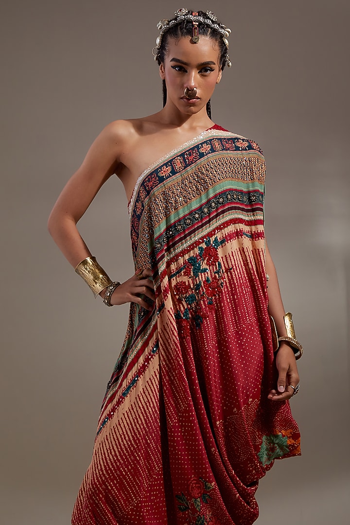 Sindoor-Colored Natural Crepe Printed & Embroidered One-Shoulder Draped Vacation Dress by ASEEM KAPOOR at Pernia's Pop Up Shop