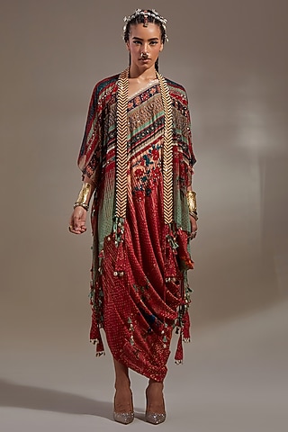 Sindoor-Colored Sheer Silk Embroidered & Printed Jacket Dress by ASEEM KAPOOR