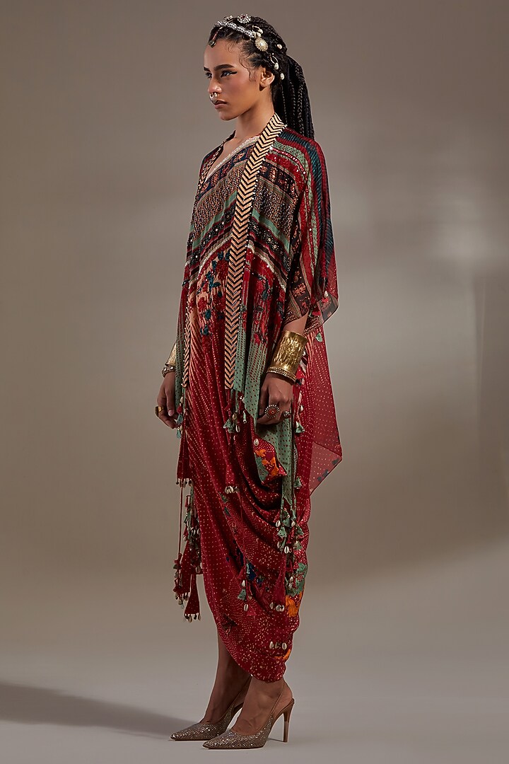 Sindoor-Colored Sheer Silk Embroidered & Printed Jacket Party Wear Dress by ASEEM KAPOOR at Pernia's Pop Up Shop
