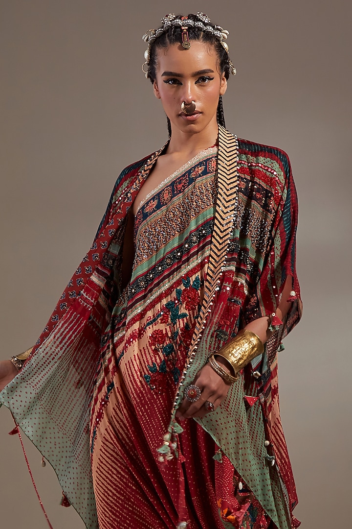 Sindoor-Colored Sheer Silk Embroidered & Printed Jacket Party Wear Dress by ASEEM KAPOOR at Pernia's Pop Up Shop