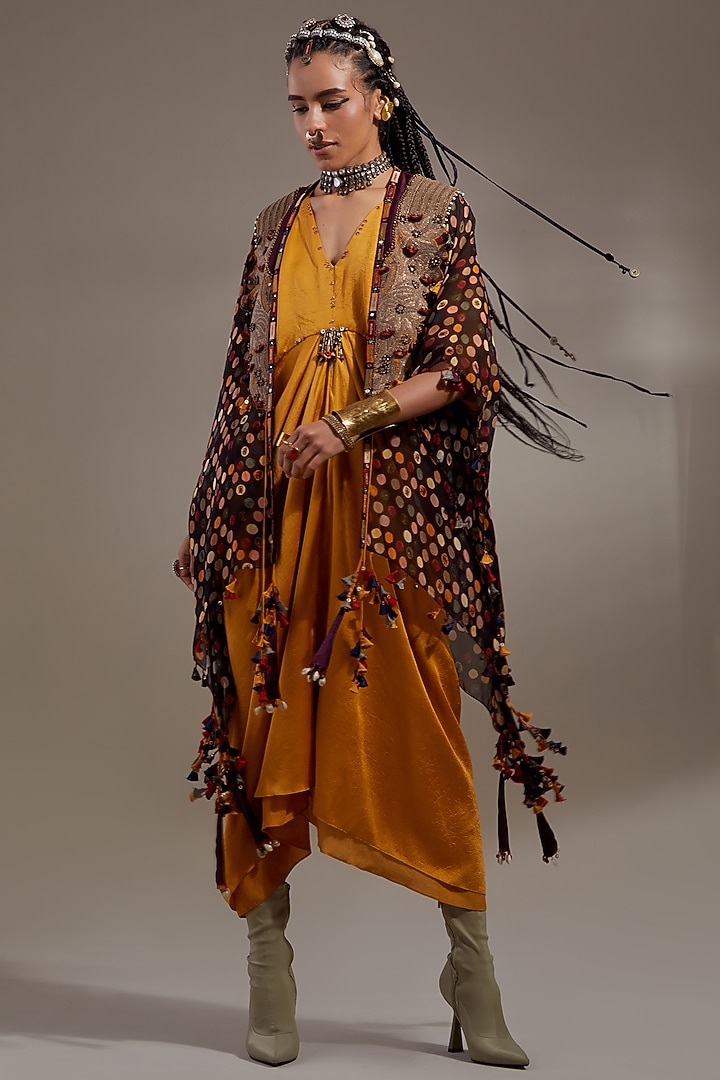 Yellow Crushed Silk Embroidered Jacket Party Wear Dress by ASEEM KAPOOR at Pernia's Pop Up Shop