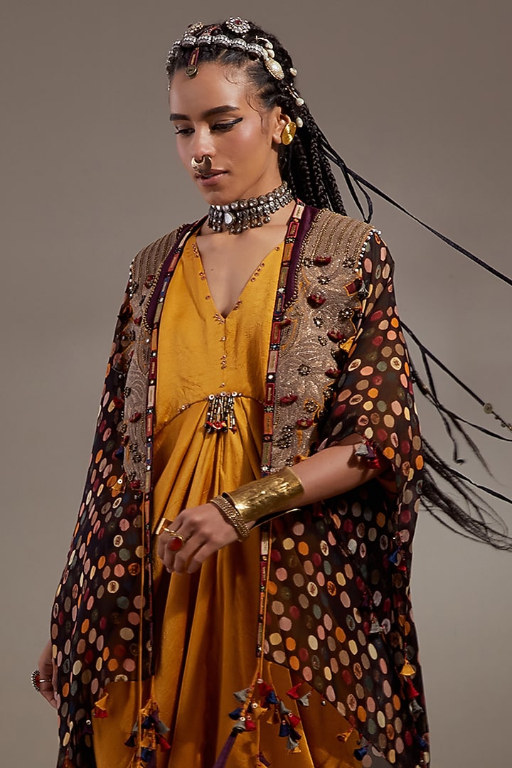 Yellow Crushed Silk Embroidered Jacket Party Wear Dress by ASEEM KAPOOR at Pernia's Pop Up Shop