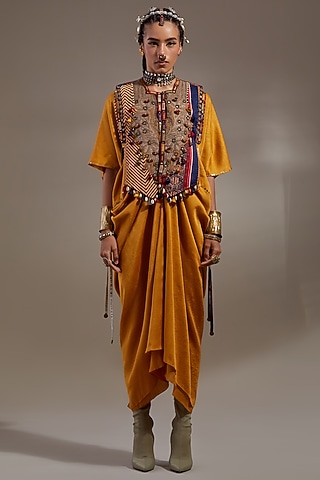 Yellow Sheer Silk Embroidered Dress With Gilet by ASEEM KAPOOR
