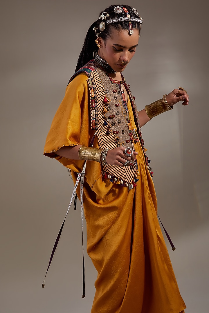Yellow Sheer Silk Embroidered Party Wear Dress With Gilet by ASEEM KAPOOR at Pernia's Pop Up Shop