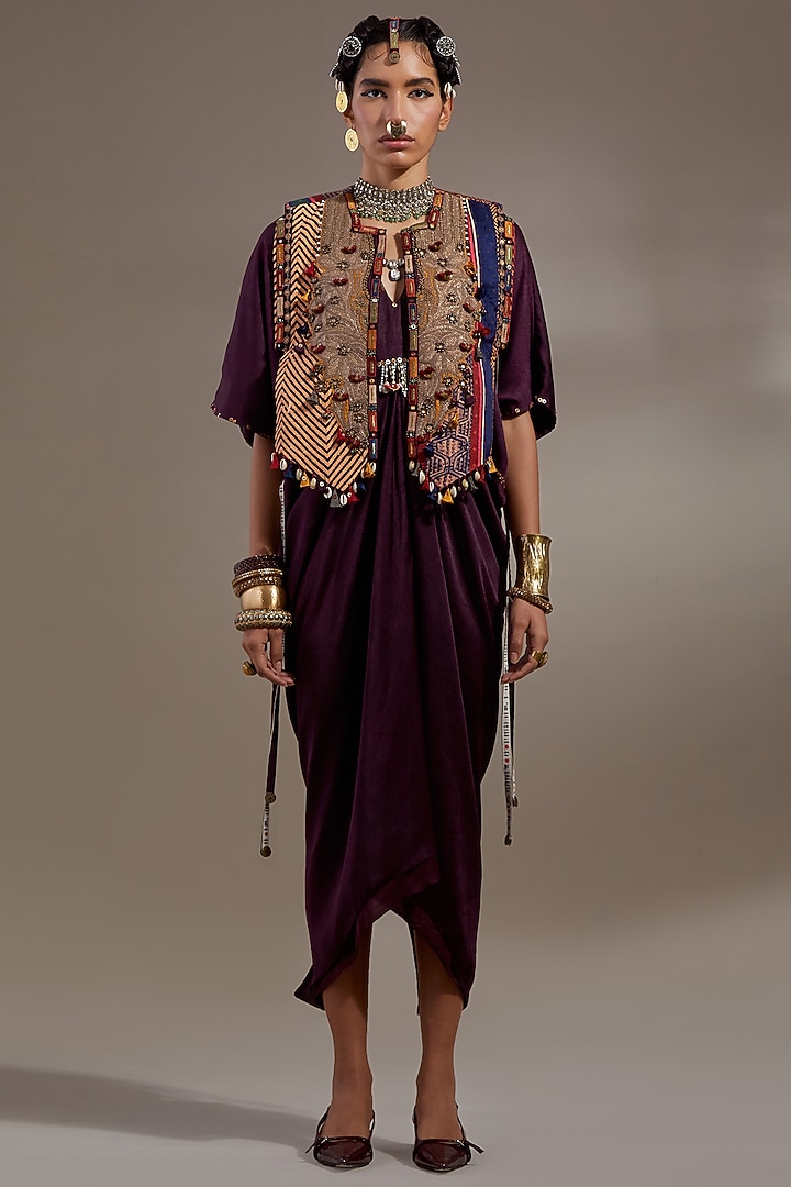 Jamuni Colored Sheer Silk Embroidered Party Wear Dress With Gilet by ASEEM KAPOOR at Pernia's Pop Up Shop