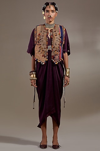 Jamuni Colored Sheer Silk Embroidered Dress With Gilet by ASEEM KAPOOR