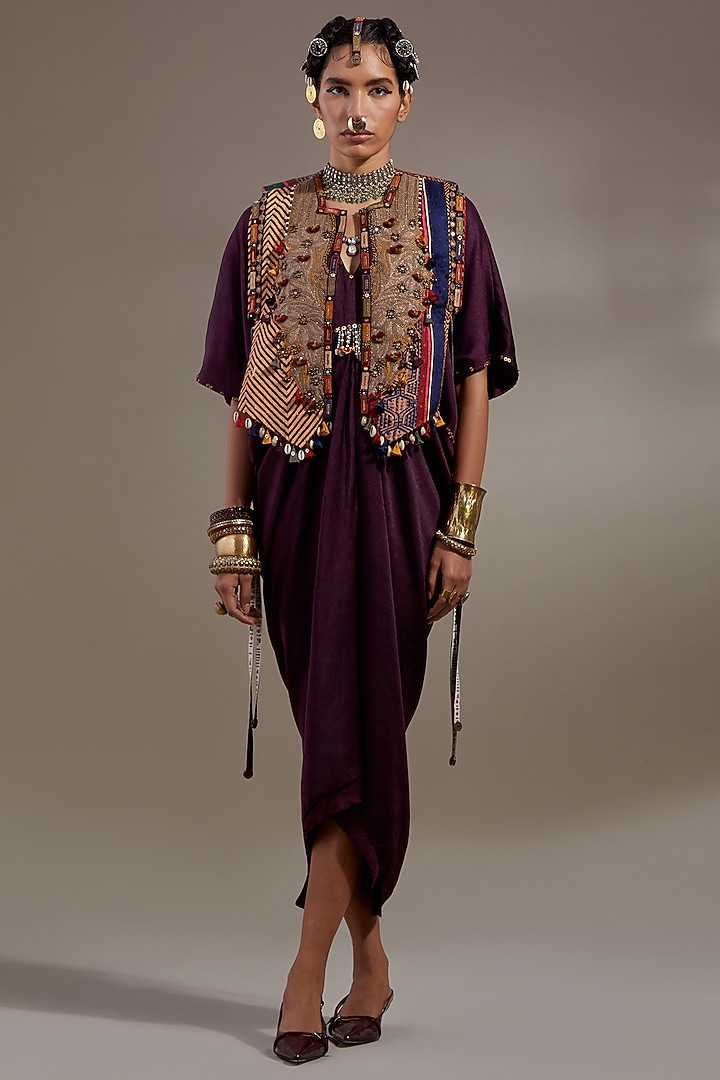 Jamuni Colored Sheer Silk Embroidered Party Wear Dress With Gilet by ASEEM KAPOOR at Pernia's Pop Up Shop
