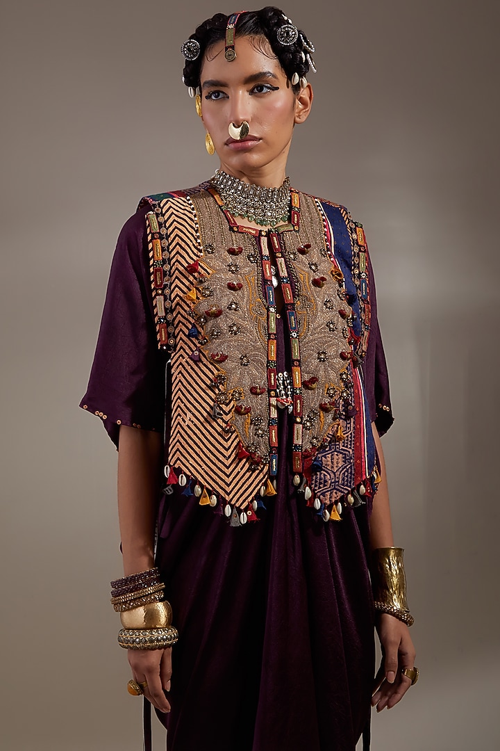 Jamuni Colored Sheer Silk Embroidered Party Wear Dress With Gilet by ASEEM KAPOOR at Pernia's Pop Up Shop