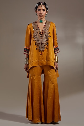 Yellow Crushed Silk Sharara Set by ASEEM KAPOOR