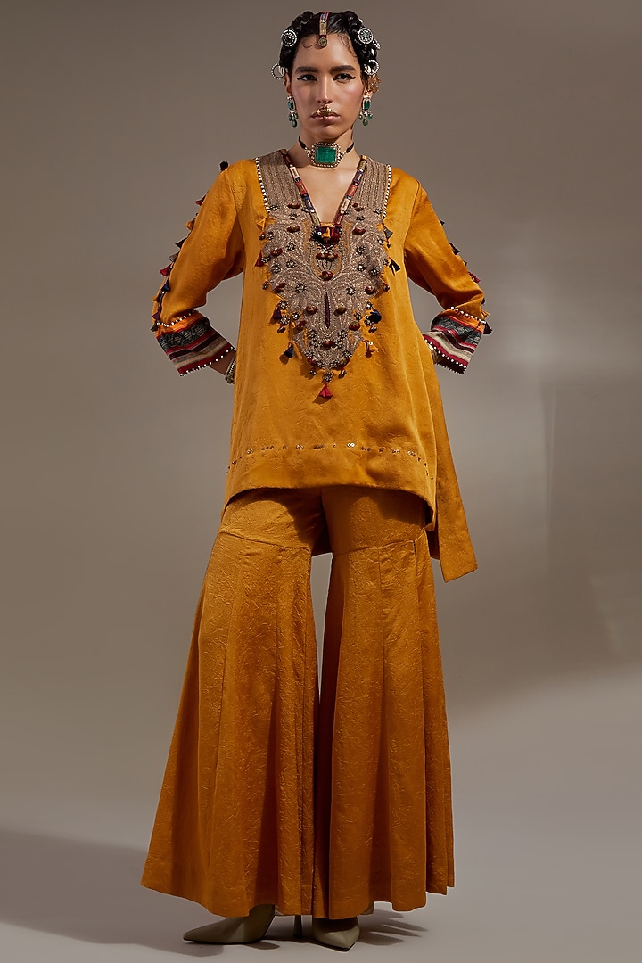 Yellow Crushed Silk Wedding Sharara Set by ASEEM KAPOOR at Pernia's Pop Up Shop