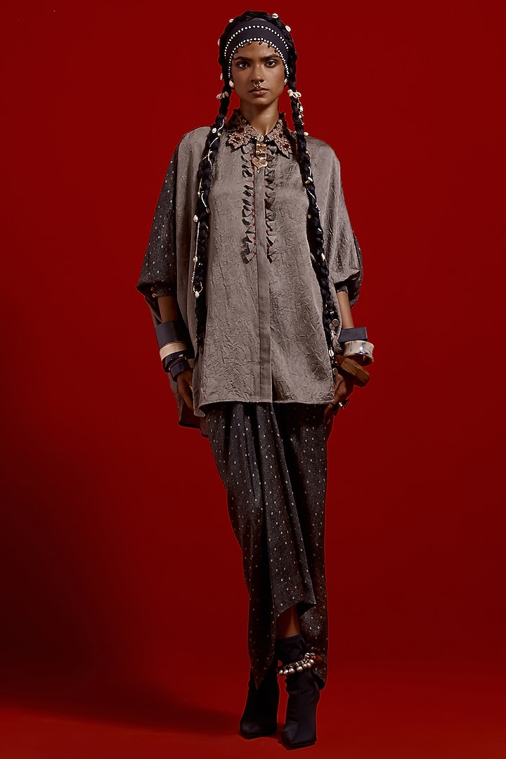 Ash Grey Tussar Silk & Slub Satin Printed Co-Ord Set by ASEEM KAPOOR at Pernia's Pop Up Shop