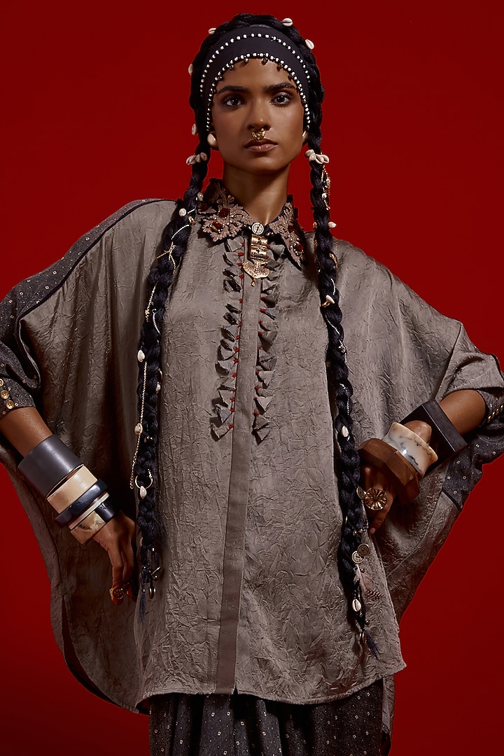 Ash Grey Tussar Silk & Slub Satin Printed Co-Ord Set by ASEEM KAPOOR at Pernia's Pop Up Shop