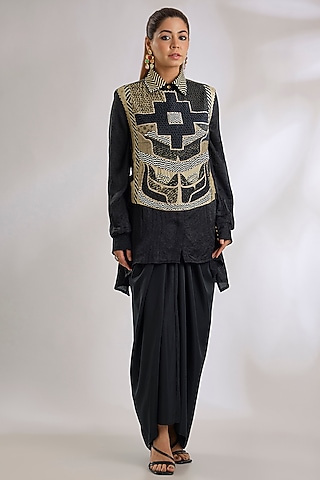 Black Cotton Silk Skirt Set by ASEEM KAPOOR