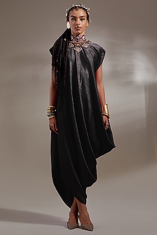 Surmai Colored Tussar Silk Embroidered Draped Dress by ASEEM KAPOOR