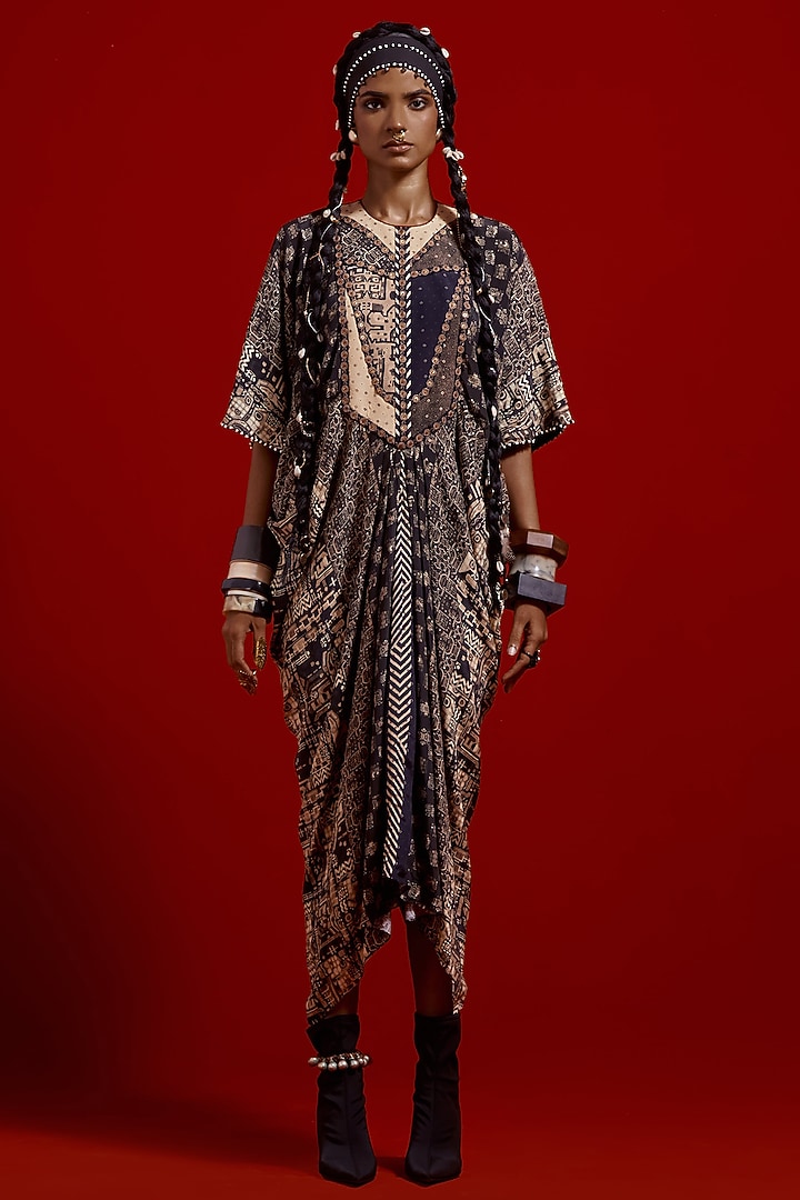 Multi-Colored Italian Crepe Printed Draped Cocktail Dress by ASEEM KAPOOR at Pernia's Pop Up Shop