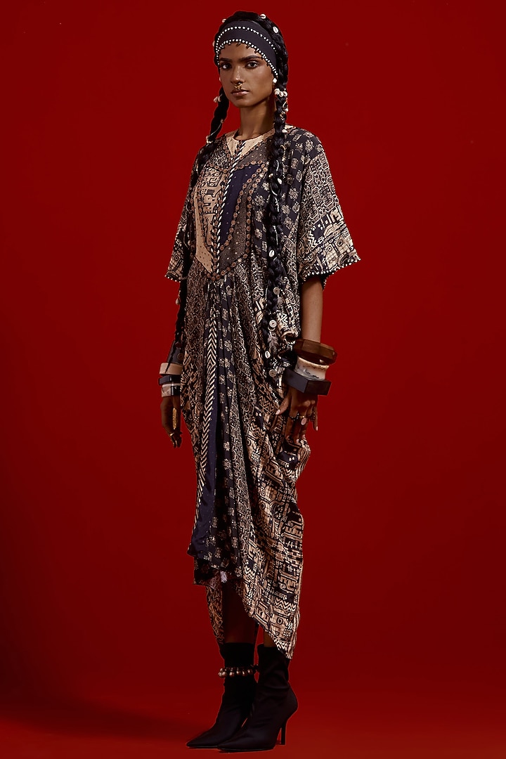 Multi-Colored Italian Crepe Printed Draped Cocktail Dress by ASEEM KAPOOR at Pernia's Pop Up Shop