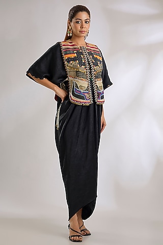 Black Tashan Silk Maxi Dress With Gilet by ASEEM KAPOOR