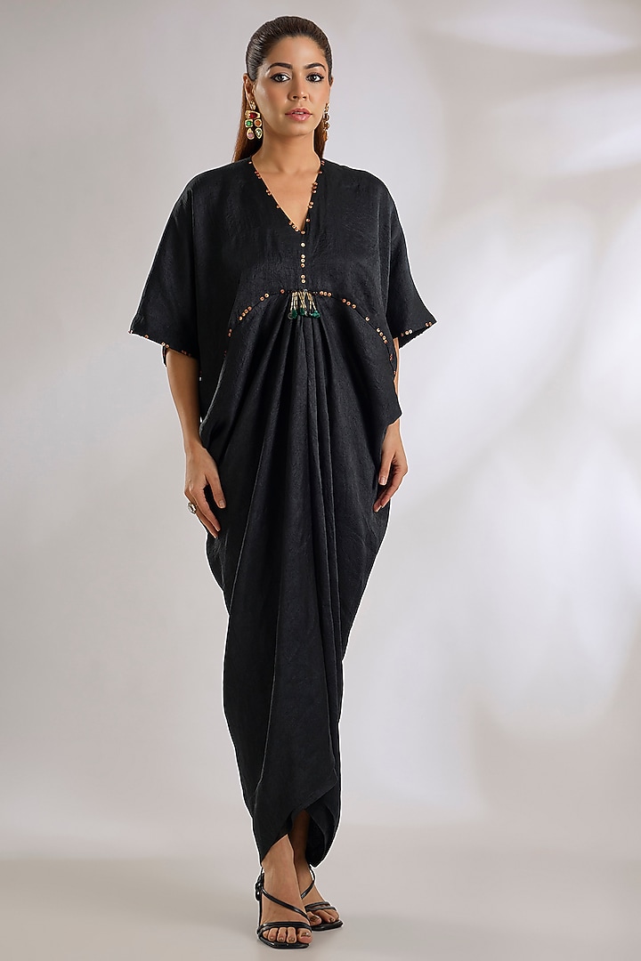Black Tashan Silk Maxi Party Wear Dress With Gilet by ASEEM KAPOOR at Pernia's Pop Up Shop