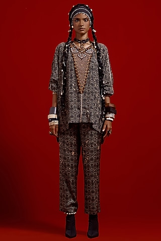 Multi-Colored Italian Crepe Printed Short Kurta Set by ASEEM KAPOOR