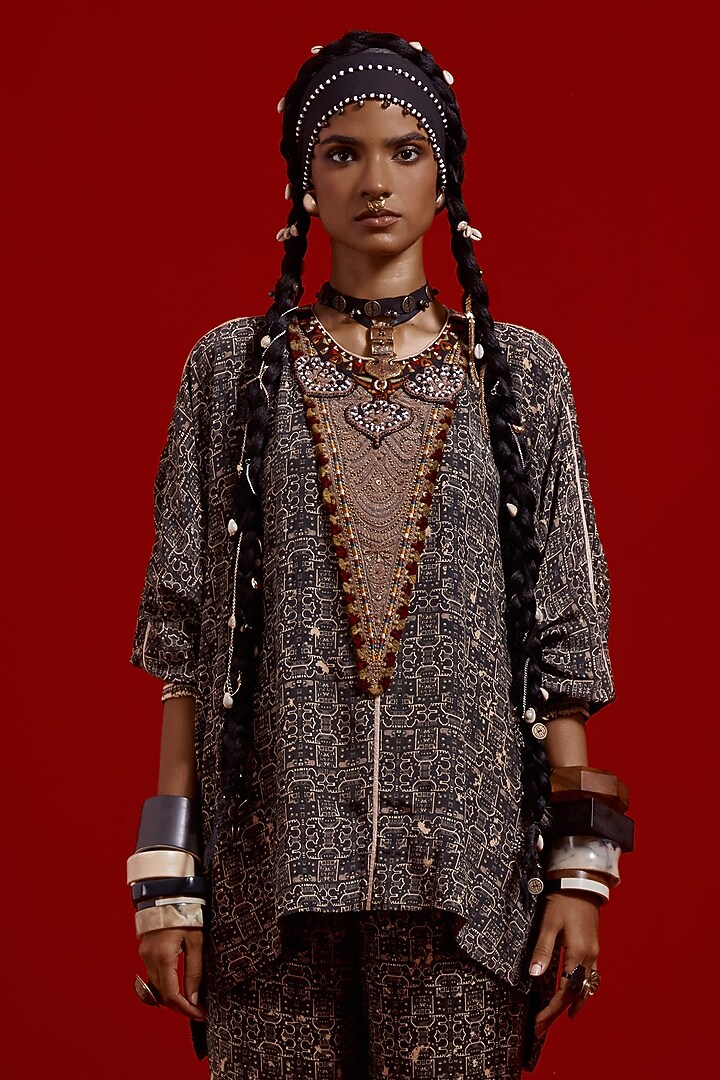 Multi-Colored Italian Crepe Printed Short Kurta Set by ASEEM KAPOOR at Pernia's Pop Up Shop