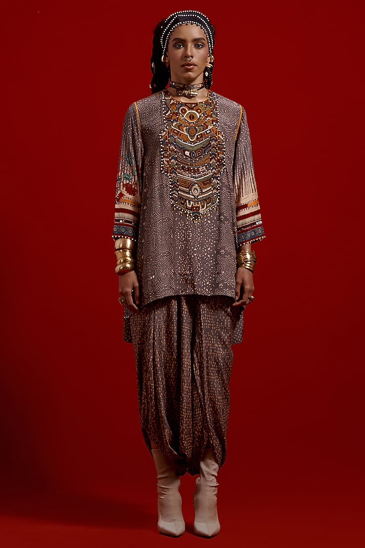 Ash Grey Italian Crepe Printed Kurta Set by ASEEM KAPOOR at Pernia's Pop Up Shop