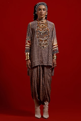 Ash Grey Italian Crepe Printed Kurta Set by ASEEM KAPOOR