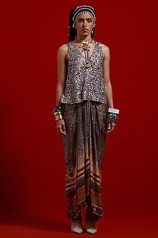 Ash Grey Slub Satin Printed Skirt Set by ASEEM KAPOOR