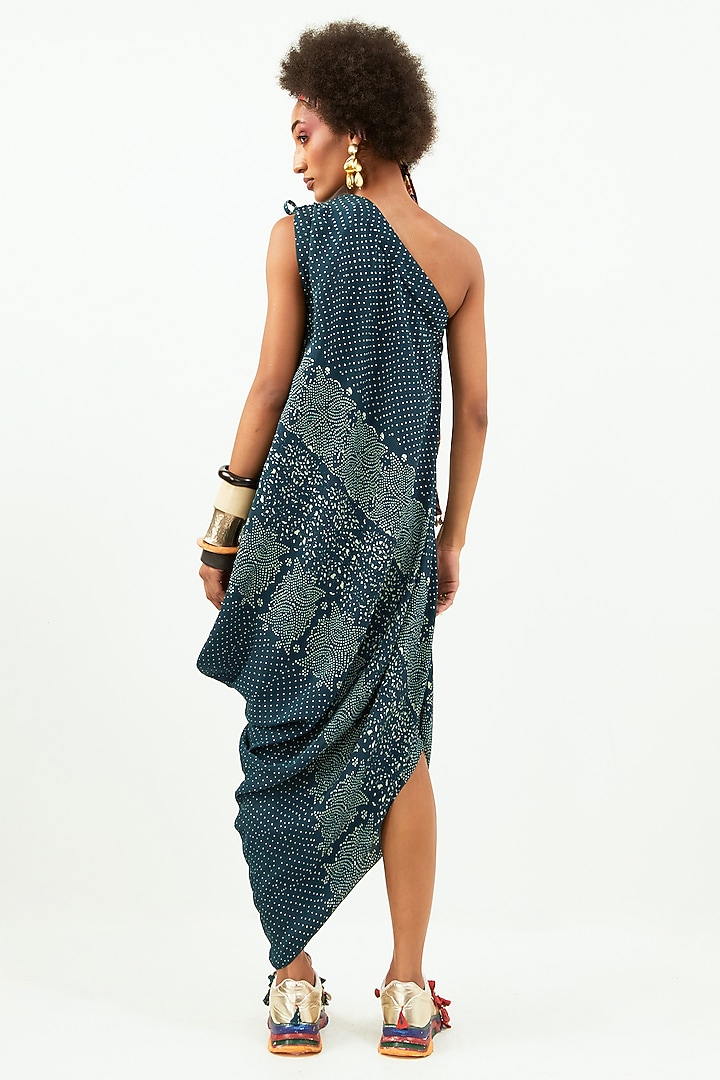 Deep Teal Natural Crepe Printed One-Shoulder Draped Vacation Dress by Aseem kapoor at Pernia's Pop Up Shop