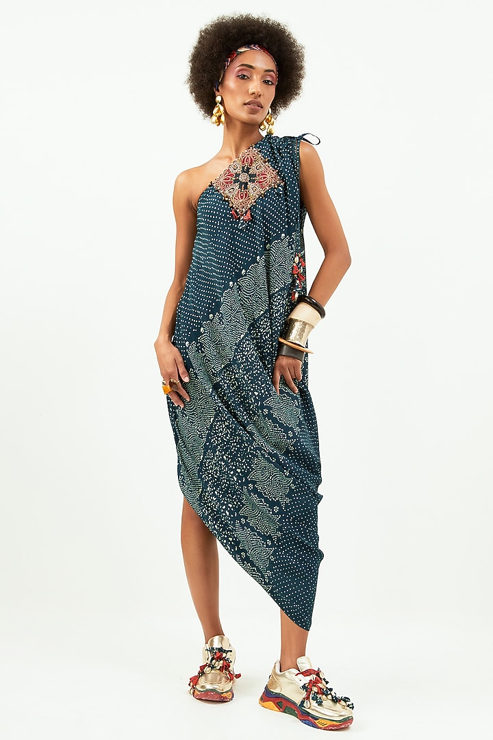 Deep Teal Natural Crepe Printed One-Shoulder Draped Vacation Dress by Aseem kapoor at Pernia's Pop Up Shop