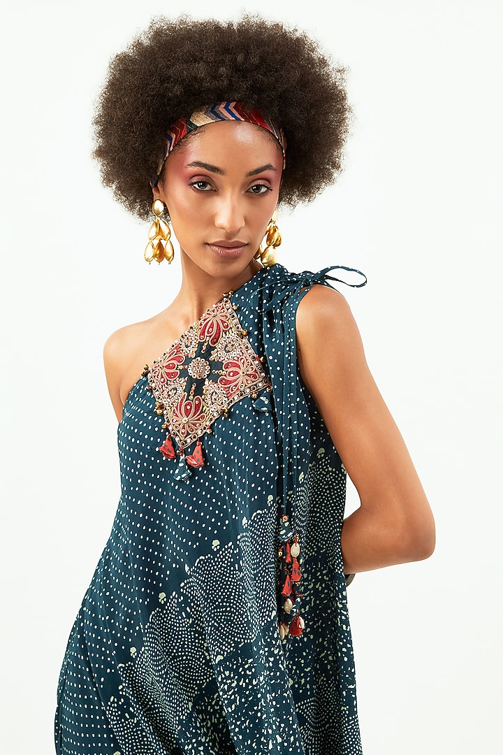 Deep Teal Natural Crepe Printed One-Shoulder Draped Vacation Dress by Aseem kapoor at Pernia's Pop Up Shop