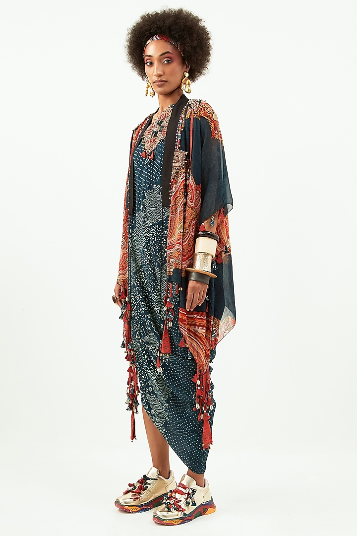 Deep Teal Natural Crepe Printed Jacket Dress by Aseem kapoor at Pernia's Pop Up Shop