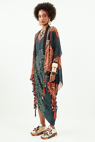 Deep Teal Natural Crepe Printed Jacket Dress by Aseem kapoor
