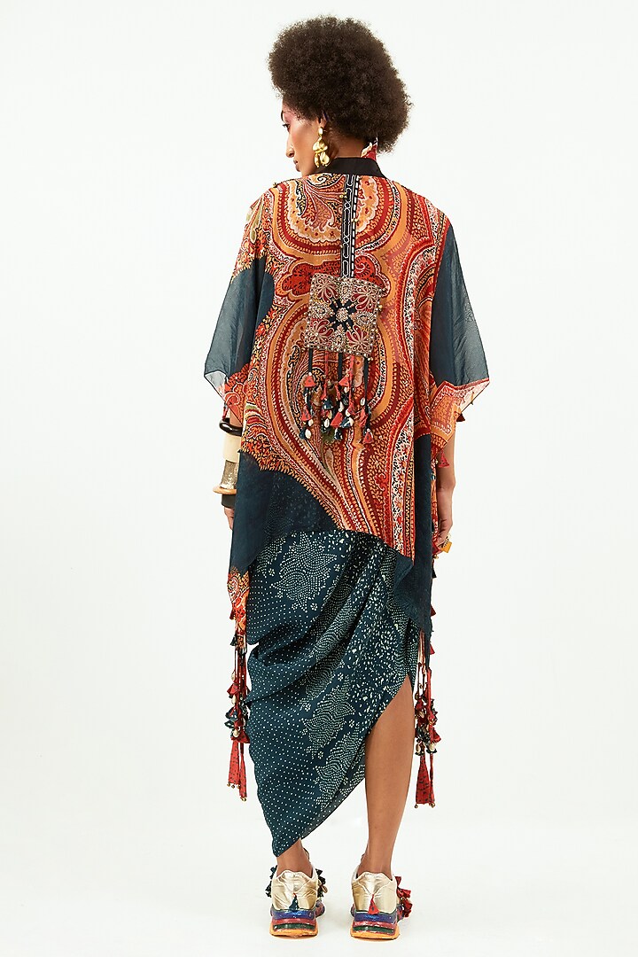 Deep Teal Natural Crepe Printed Jacket Party Wear Dress by Aseem kapoor at Pernia's Pop Up Shop