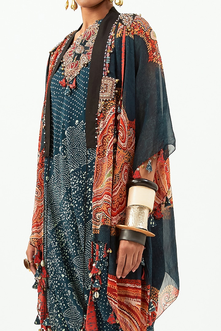 Deep Teal Natural Crepe Printed Jacket Party Wear Dress by Aseem kapoor at Pernia's Pop Up Shop
