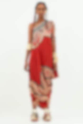 Sindoor Red Natural Crepe & Sheer Silk One Shoulder Printed Dress by Aseem kapoor