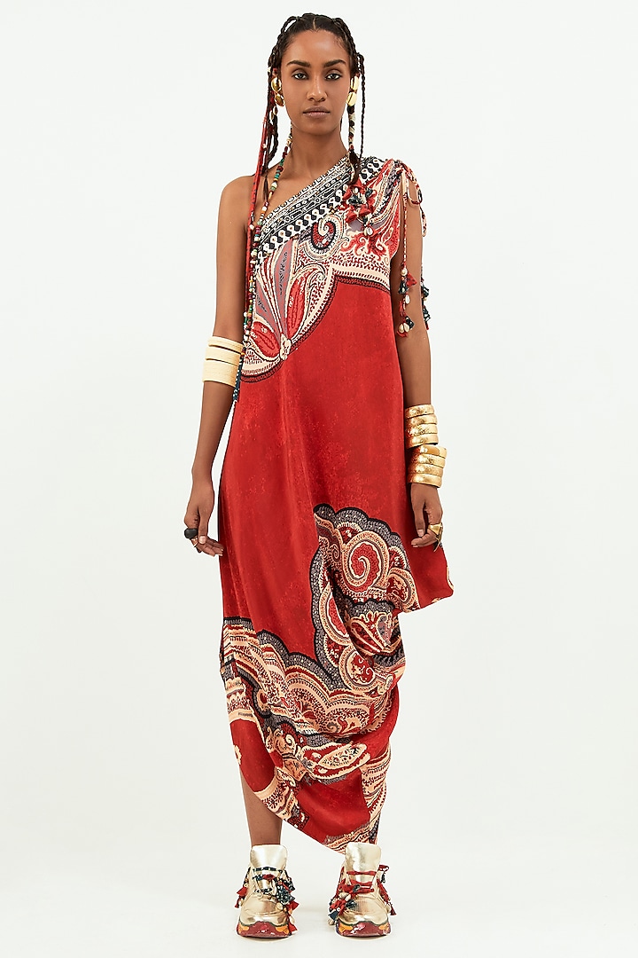 Sindoor Red Natural Crepe & Sheer Silk One Shoulder Printed Dress by Aseem kapoor
